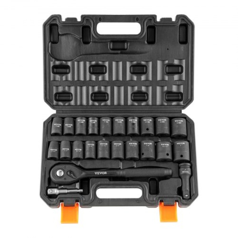VEVOR 1/2" Drive Impact Socket Set, 23 Piece Socket Set SAE (7/16" -1")& Metric 6 Point Cr-V Alloy Steel for Auto Repair with Ratchet Handle Rugged Construction Storage case