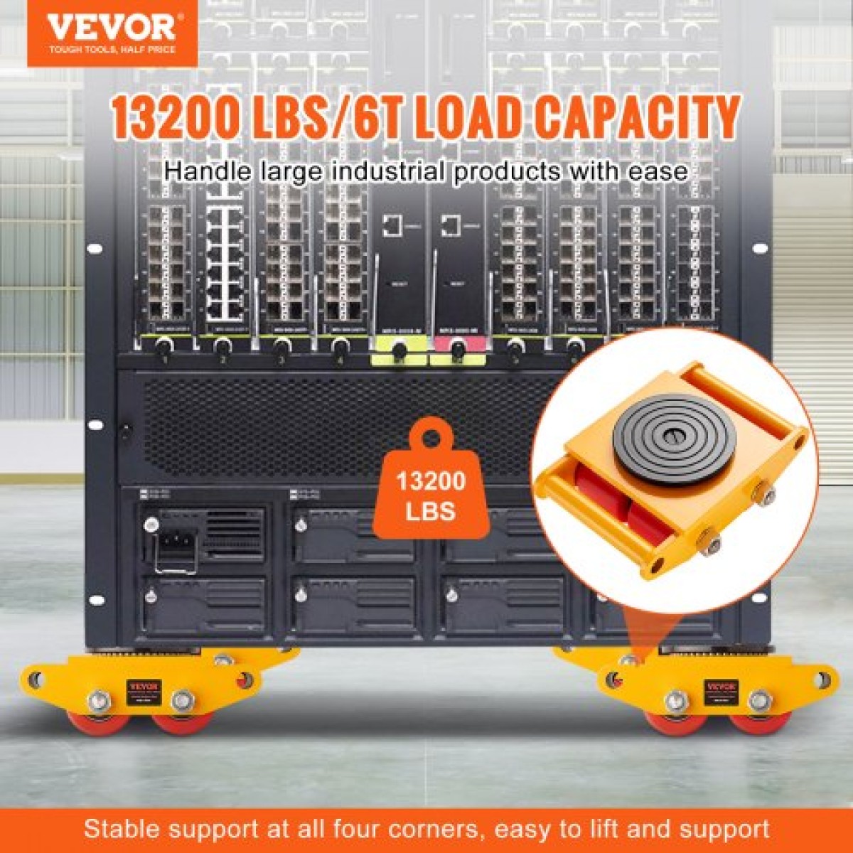 VEVOR Machinery Skate Dolly, 13.200 LBS/6T Industrial Machinery Mover, Heavy Duty Carbon Steel Machinery Moving Skate με 4 τροχούς PU και αντιολισθητικό καπάκι περιστροφής 360° για αποθήκη, εργαστήριο, εργοστάσιο