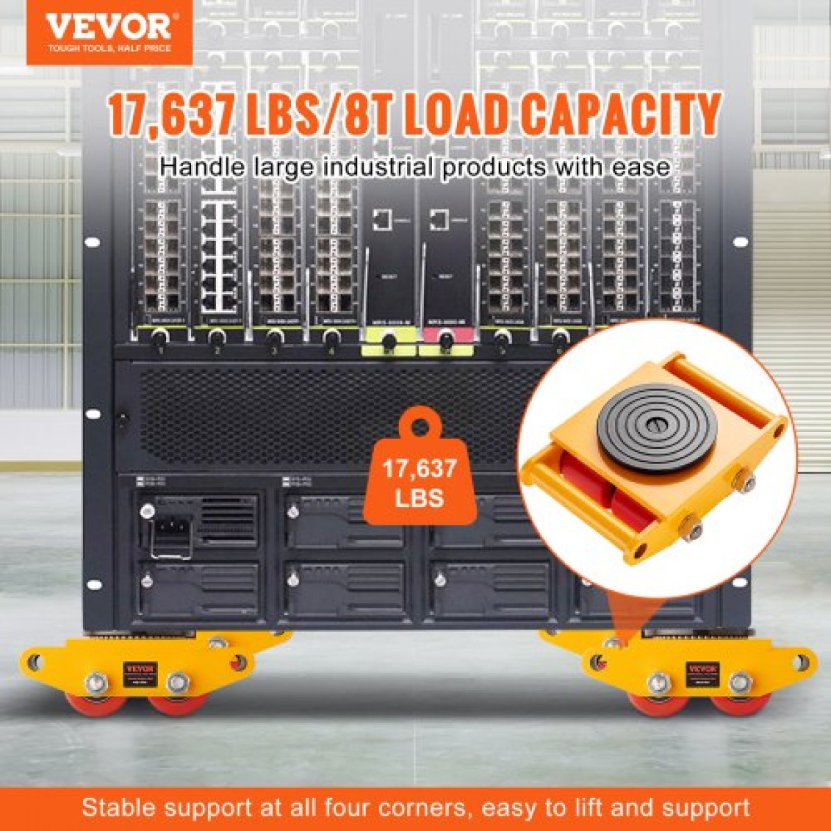VEVOR 4PCS Machinery Skate Dolly, 17637LBS/8T Industrial Machinery Mover, Heavy Duty Carbon Steel Machinery Moving Skate με 4 τροχούς PU και αντιολισθητικό καπάκι περιστροφής 360° για Warehouse Workshop Factory