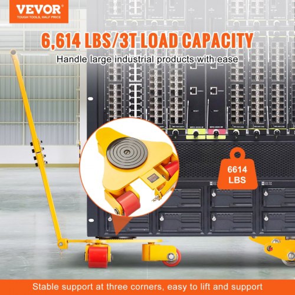 VEVOR Machinery Skate Dolly, 6614 LBS/3T Industrial Machinery Mover with Handle, Carbon Steel Moving Skate με 3 περιστρεφόμενους τροχούς PU 360°, Αντιολισθητικό καπάκι περιστροφής 360° για αποθήκη, εργαστήριο
