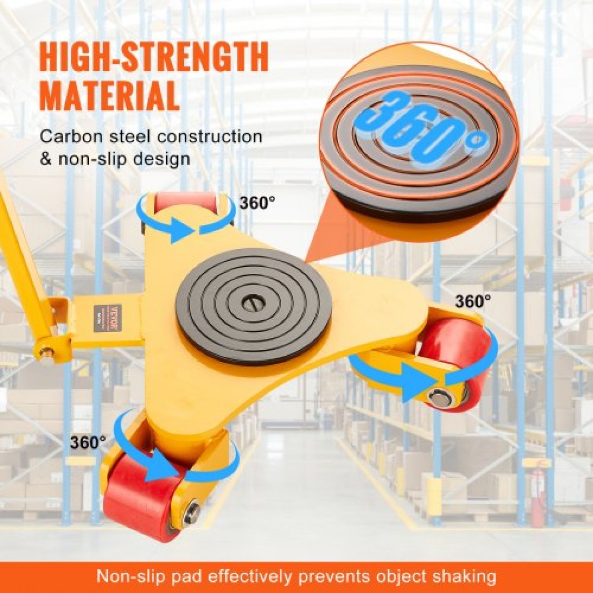 VEVOR Machinery Skate Dolly, 6614 LBS/3T Industrial Machinery Mover with Handle, Carbon Steel Moving Skate με 3 περιστρεφόμενους τροχούς PU 360°, Αντιολισθητικό καπάκι περιστροφής 360° για αποθήκη, εργαστήριο
