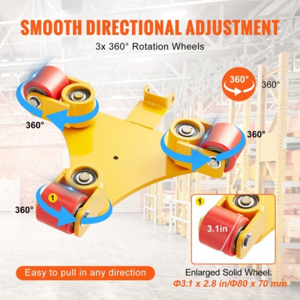 VEVOR Machinery Skate Dolly, 6614 LBS/3T Industrial Machinery Mover with Handle, Carbon Steel Moving Skate με 3 περιστρεφόμενους τροχούς PU 360°, Αντιολισθητικό καπάκι περιστροφής 360° για αποθήκη, εργαστήριο