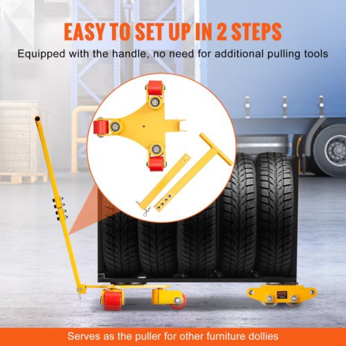 VEVOR Machinery Skate Dolly, 6614 LBS/3T Industrial Machinery Mover with Handle, Carbon Steel Moving Skate με 3 περιστρεφόμενους τροχούς PU 360°, Αντιολισθητικό καπάκι περιστροφής 360° για αποθήκη, εργαστήριο