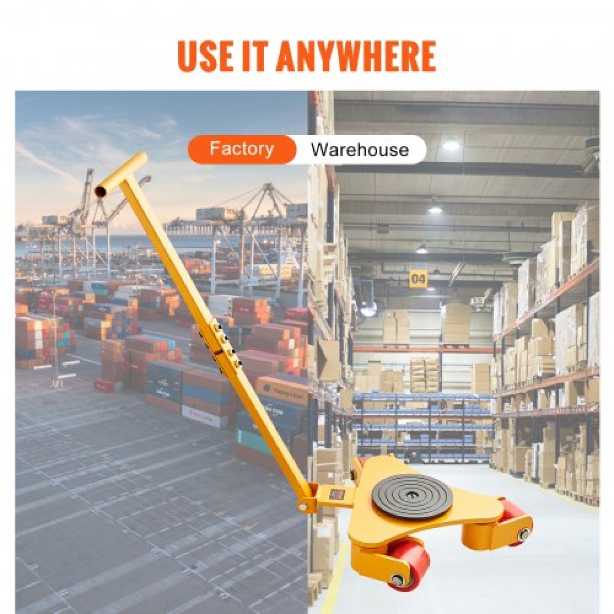 VEVOR Machinery Skate Dolly, 6614 LBS/3T Industrial Machinery Mover with Handle, Carbon Steel Moving Skate με 3 περιστρεφόμενους τροχούς PU 360°, Αντιολισθητικό καπάκι περιστροφής 360° για αποθήκη, εργαστήριο