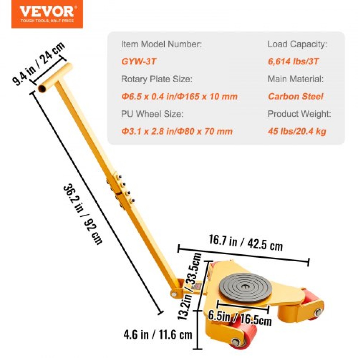 VEVOR Machinery Skate Dolly, 6614 LBS/3T Industrial Machinery Mover with Handle, Carbon Steel Moving Skate με 3 περιστρεφόμενους τροχούς PU 360°, Αντιολισθητικό καπάκι περιστροφής 360° για αποθήκη, εργαστήριο