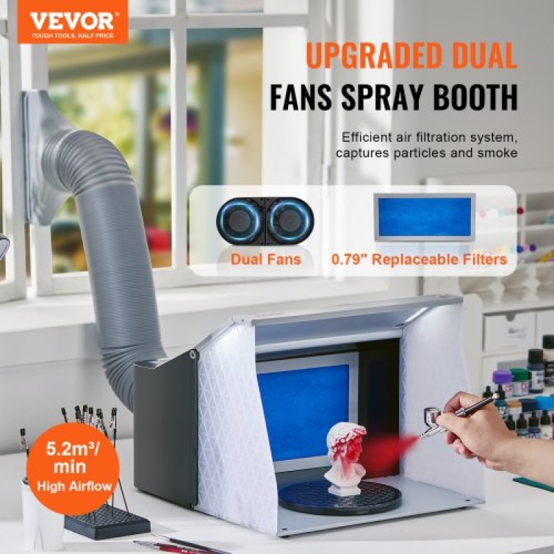VEVOR Airbrush Booth Spray, Φορητό Hobby Airbrush Paint Booth Booth με 4 φως LED, ισχυρούς διπλούς ανεμιστήρες εξάτμισης, πικάπ και λάστιχο επέκτασης 6 ft, για ζωγραφική μοντέλων, τεχνών, χειροτεχνίας, κέικ