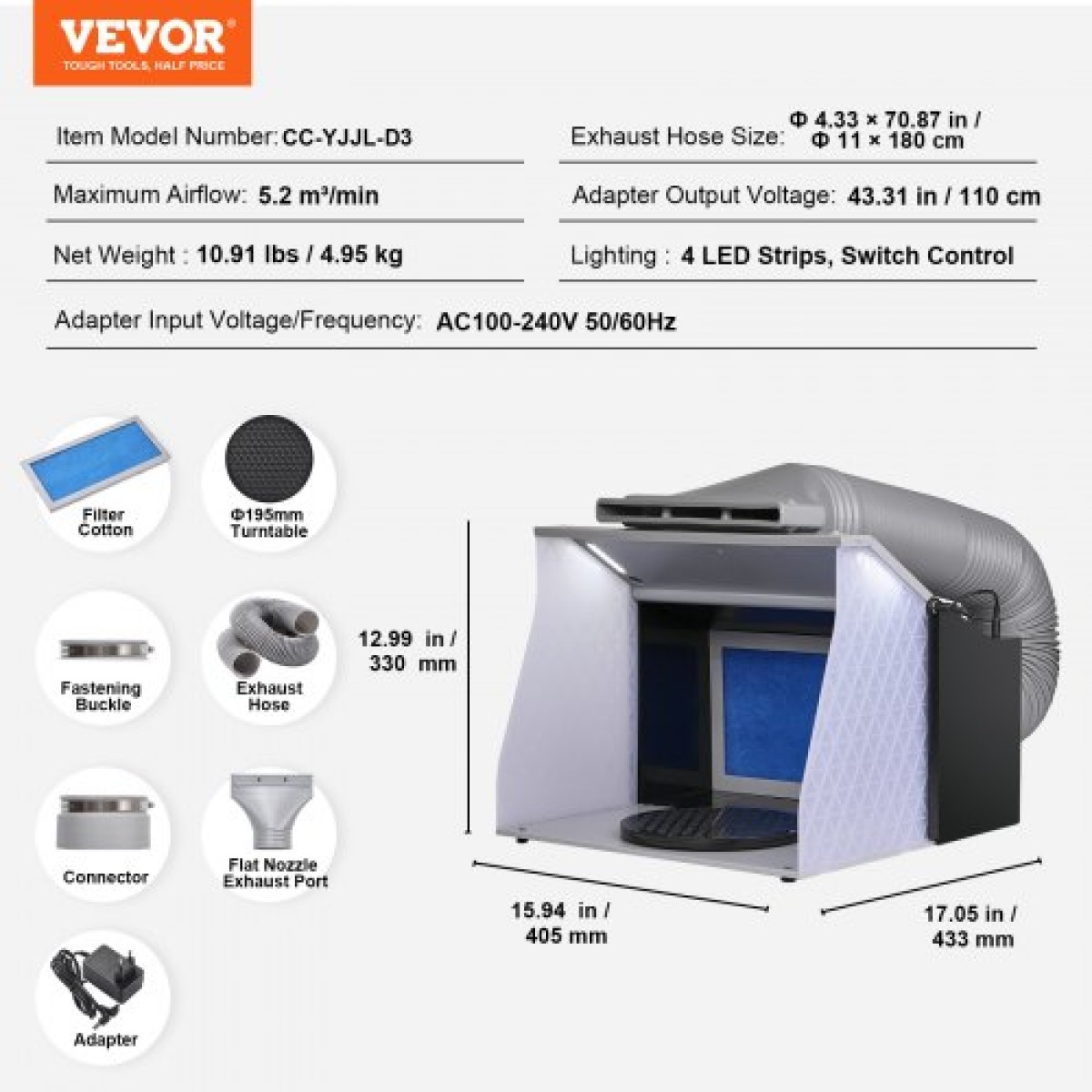 VEVOR Airbrush Booth Spray, Φορητό Hobby Airbrush Paint Booth Booth με 4 φως LED, ισχυρούς διπλούς ανεμιστήρες εξάτμισης, πικάπ και λάστιχο επέκτασης 6 ft, για ζωγραφική μοντέλων, τεχνών, χειροτεχνίας, κέικ