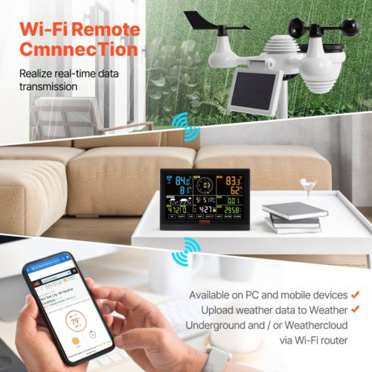 VEVOR 7-σε-1 μετεωρολογικός σταθμός Wi-Fi, Έγχρωμη οθόνη 19,1 cm (7,5 ιντσών), Home Meather Station Indoor Outdoor, με ειδοποιήσεις ηλιακού ασύρματου εξωτερικού αισθητήρα, για θερμοκρασία υγρασίας Ταχύτητα ανέμου/κατεύθυνση βροχής