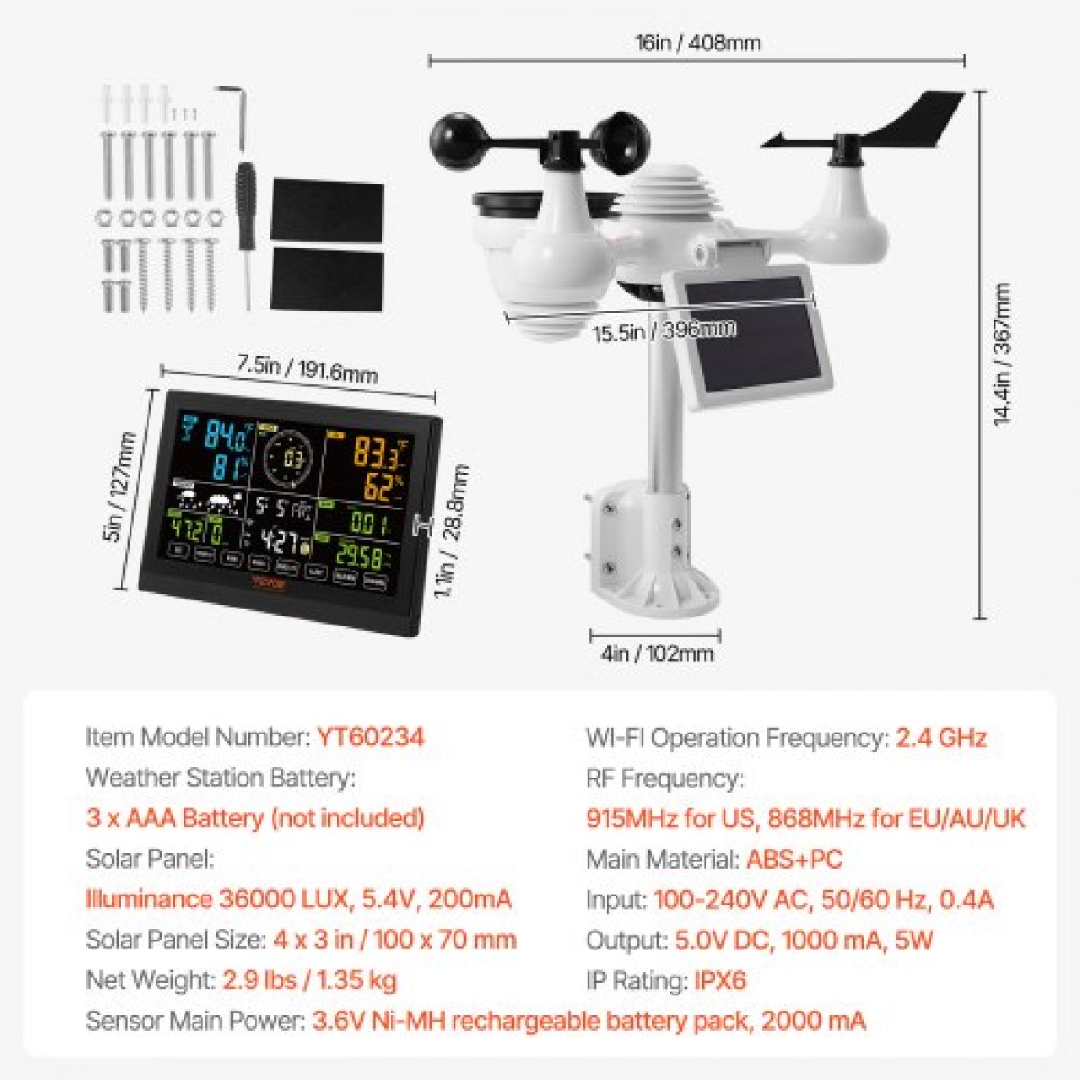 VEVOR 7-σε-1 μετεωρολογικός σταθμός Wi-Fi, Έγχρωμη οθόνη 19,1 cm (7,5 ιντσών), Home Meather Station Indoor Outdoor, με ειδοποιήσεις ηλιακού ασύρματου εξωτερικού αισθητήρα, για θερμοκρασία υγρασίας Ταχύτητα ανέμου/κατεύθυνση βροχής