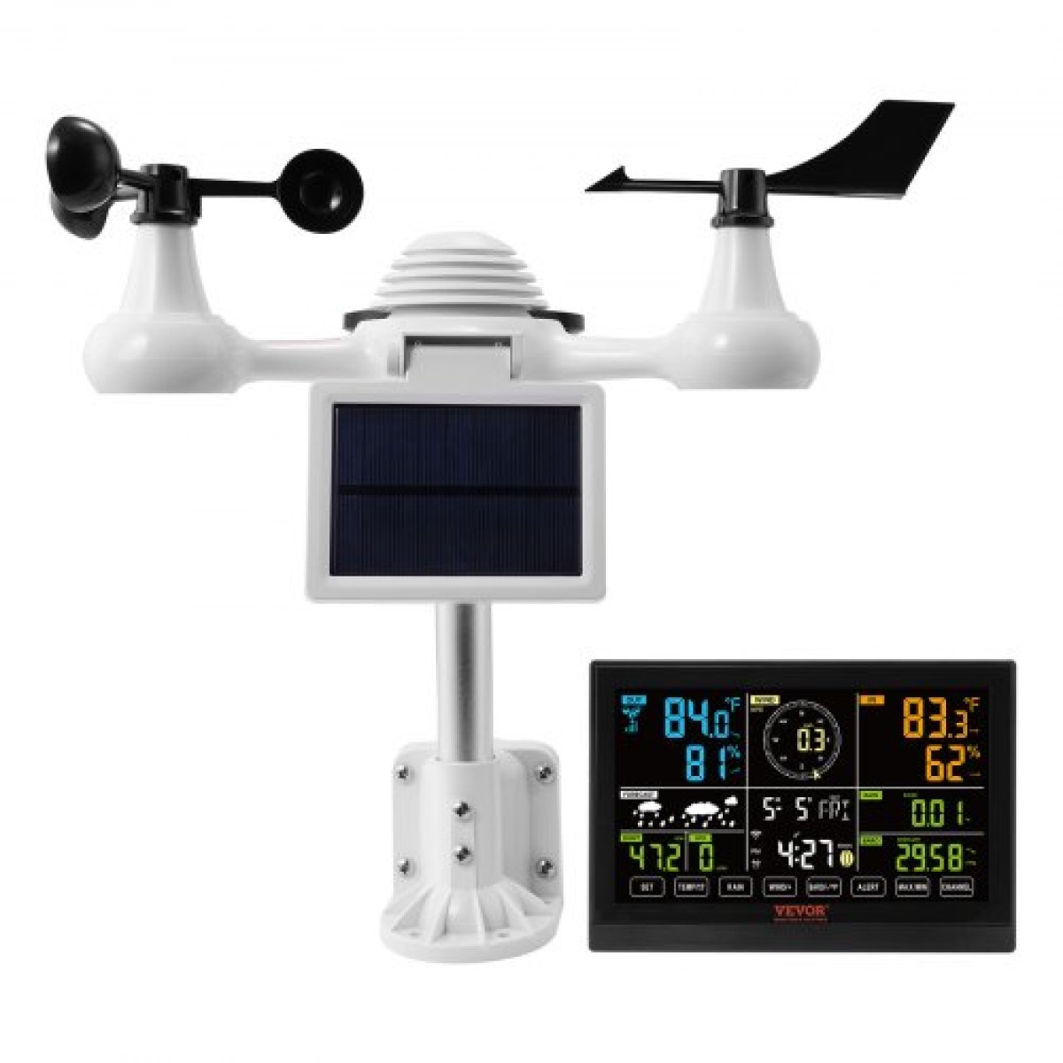 VEVOR 7-σε-1 μετεωρολογικός σταθμός Wi-Fi, Έγχρωμη οθόνη 19,1 cm (7,5 ιντσών), Home Meather Station Indoor Outdoor, με ειδοποιήσεις ηλιακού ασύρματου εξωτερικού αισθητήρα, για θερμοκρασία υγρασίας Ταχύτητα ανέμου/κατεύθυνση βροχής