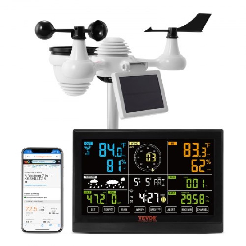 VEVOR 7-σε-1 μετεωρολογικός σταθμός Wi-Fi, Έγχρωμη οθόνη 19,1 cm (7,5 ιντσών), Home Meather Station Indoor Outdoor, με ειδοποιήσεις ηλιακού ασύρματου εξωτερικού αισθητήρα, για θερμοκρασία υγρασίας Ταχύτητα ανέμου/κατεύθυνση βροχής