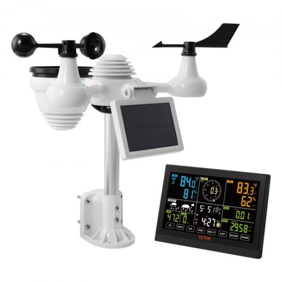 VEVOR 7-σε-1 μετεωρολογικός σταθμός Wi-Fi, Έγχρωμη οθόνη 19,1 cm (7,5 ιντσών), Home Meather Station Indoor Outdoor, με ειδοποιήσεις ηλιακού ασύρματου εξωτερικού αισθητήρα, για θερμοκρασία υγρασίας Ταχύτητα ανέμου/κατεύθυνση βροχής
