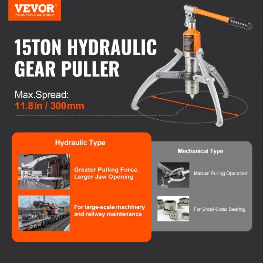 VEVOR Hydraulic Gear Puller, 15 Ton Max Capacity Wheel Bearing Pulling Separator, 2 or 3 Jaws Puller, Κάθετα και Οριζόντια, 30,5cm Υδραυλικό εξολκέα σιαγόνων με θήκη για έλξη πλήμνων