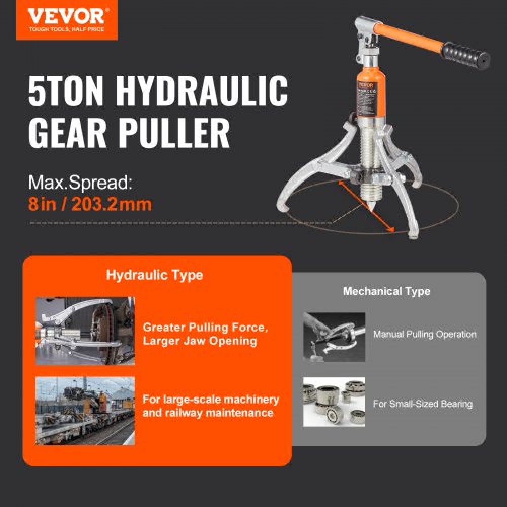VEVOR Hydraulic Gear Puller, 5 Ton Max Capacity Heel Bearing Pulling Separator, 2 or 3 Jaws Puller, Κάθετα και Οριζόντια, 20,32 cm Υδραυλικό εξολκέα σιαγόνων με θήκη για έλξη πλήμνων