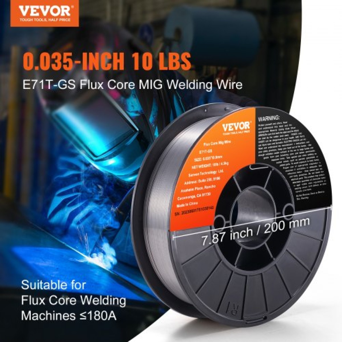 Σύρμα συγκόλλησης VEVOR Flux Core, E71T-GS 0,089 cm 4,5 kg, σύρμα συγκόλλησης MIG από ήπιο χάλυβα χωρίς αέριο με χαμηλή πιτσιλίσματα για συγκόλληση τόξου σε όλες τις θέσεις και χρήση σε εξωτερικούς χώρους