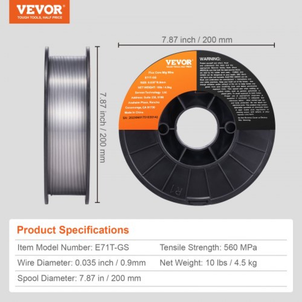 Σύρμα συγκόλλησης VEVOR Flux Core, E71T-GS 0,089 cm 4,5 kg, σύρμα συγκόλλησης MIG από ήπιο χάλυβα χωρίς αέριο με χαμηλή πιτσιλίσματα για συγκόλληση τόξου σε όλες τις θέσεις και χρήση σε εξωτερικούς χώρους