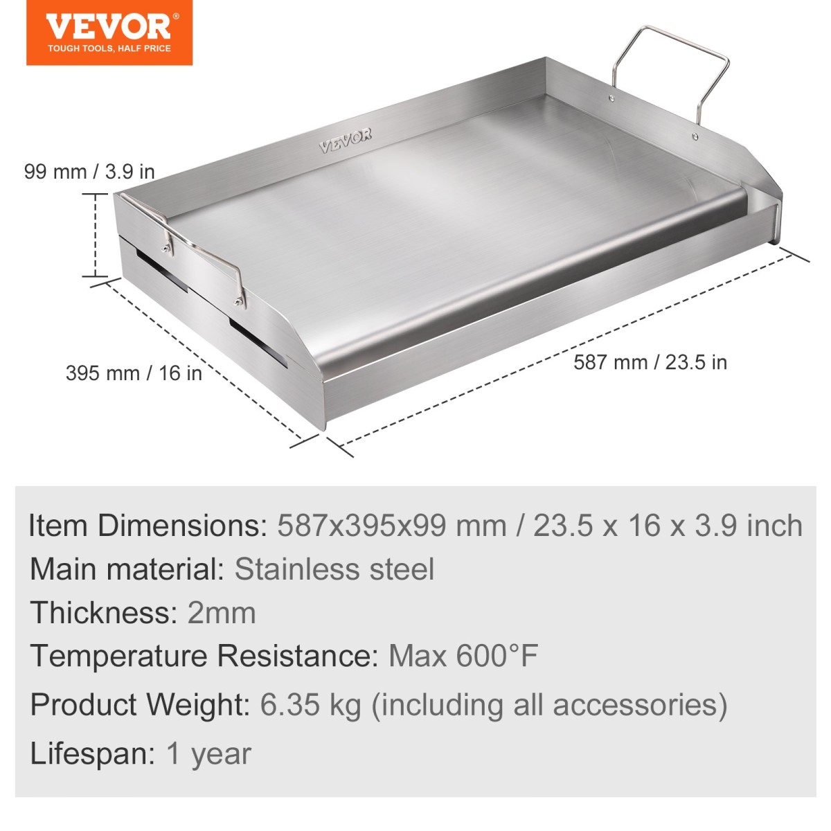 Ταψί VEVOR, 23,5"x16" Προετοιμασμένη σχάρα από ανοξείδωτο χάλυβα, Ορθογώνιο ταψί διπλού καυστήρα, Αντικολλητικό Οικογενειακό σκεύος μαγειρικής με χερούλια και αυλάκι λαδιού, για μπάρμπεκιου, ψησταριές υγραερίου, ασημί