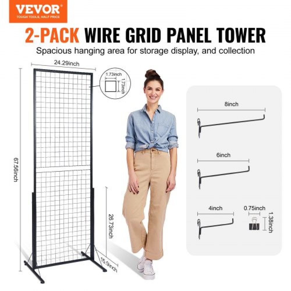 VEVOR 61 x 170,7 cm Πάνελ τοίχου με πλέγμα Tower, 2 πακέτα Συρμάτινες σχάρες οθόνης Gridwall με δάπεδο με βάση T, Πάνελ πλέγματος διπλής όψης για εκθέσεις τέχνης χειροτεχνίας, οθόνη λιανικής με επιπλέον κλιπ και γάντζους