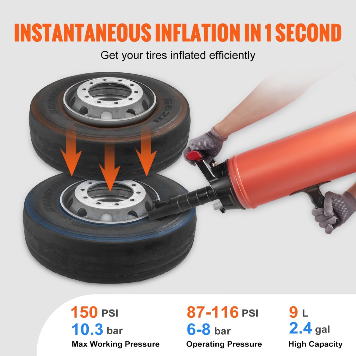VEVOR Tire Seater, 2,4 Gal/9 L Air Tire Blaster, 150 PSI Handheld Blaster, Portable Tire Inflator Tool, 87-116 PSI Operating Pressure for Tractor Truck ATV Car and Automobile