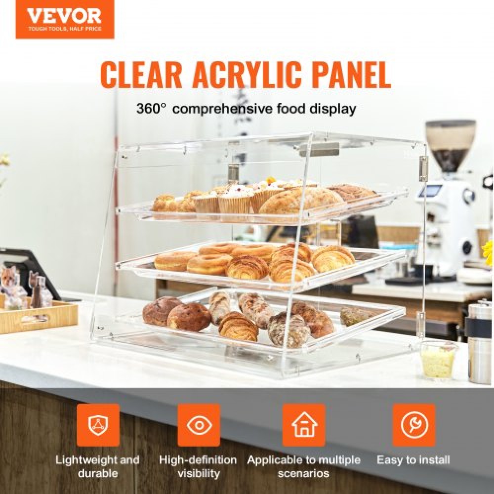 Βιτρίνα ζαχαροπλαστικής VEVOR, Εμπορική θήκη για πάγκο αρτοποιίας 3 επιπέδων, ακρυλικό κουτί οθόνης με πρόσβαση στην πίσω πόρτα & αφαιρούμενα ράφια, Keep Fresh for Donut Bagels Cake Cookie, 52,6 x 36,1 x 41,4 cm