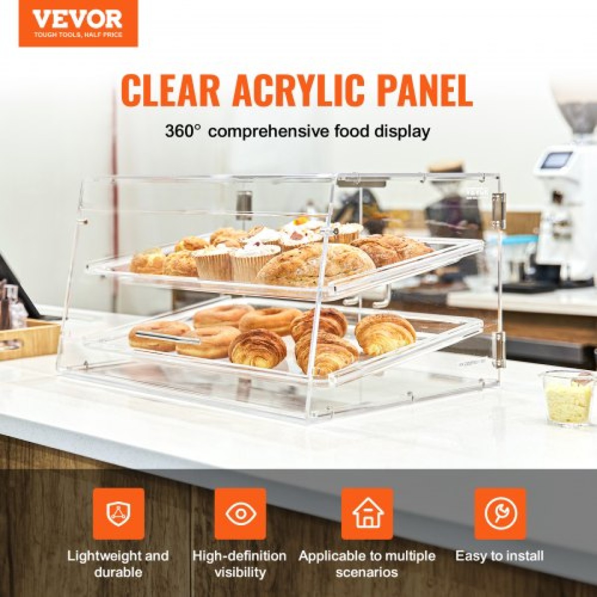 Βιτρίνα ζαχαροπλαστικής VEVOR, Επαγγελματική θήκη αρτοποιίας 2 επιπέδων, ακρυλικό κουτί προβολής με πρόσβαση στην πίσω πόρτα και αφαιρούμενα ράφια, Keep Fresh for Donut Bagels Cake Cookie, 52,6 x 33,5 x 30,2 cm