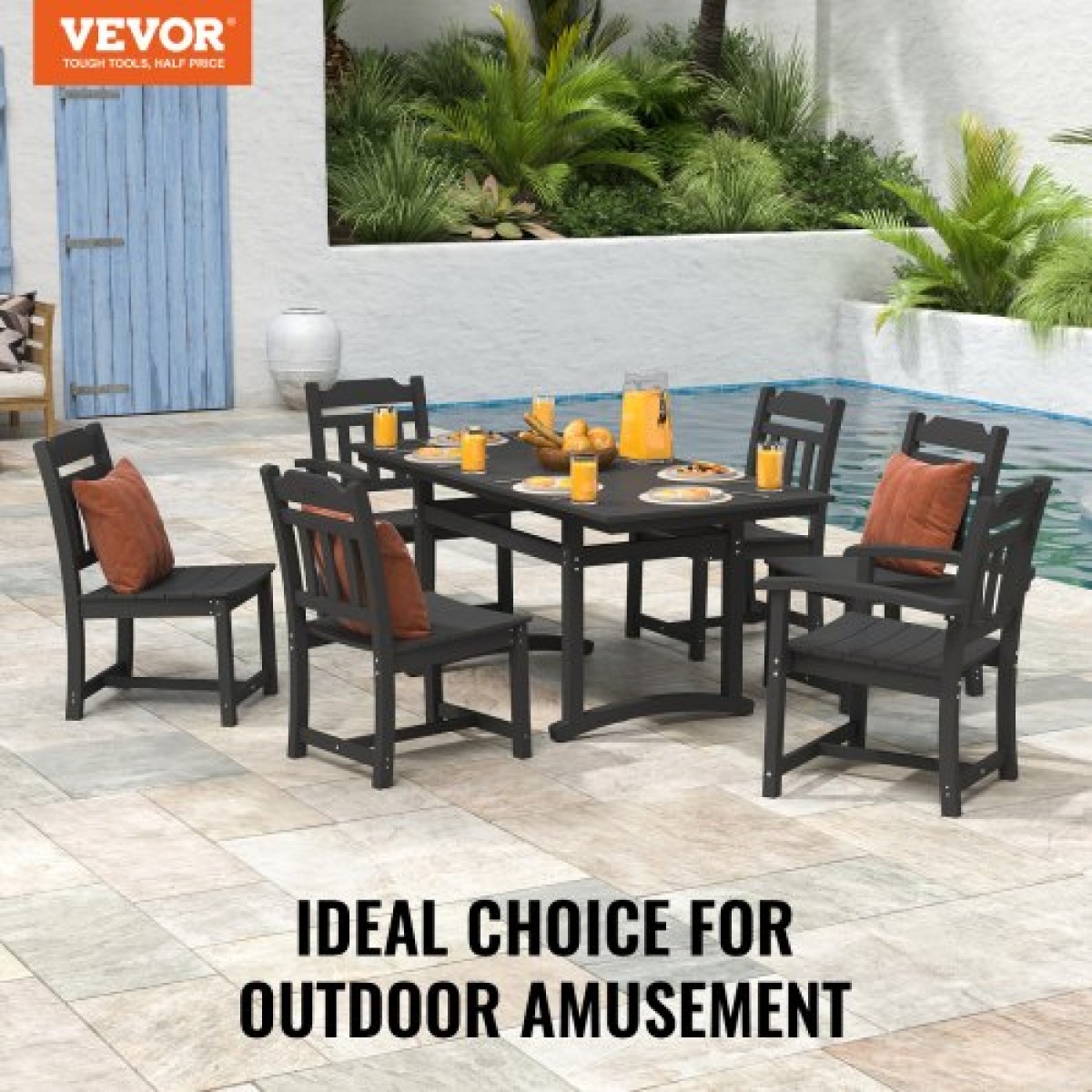 VEVOR 7 Pieces Σετ τραπεζαρίας Patio, Σετ τραπέζι και καρέκλες για έπιπλα εξωτερικού χώρου, ορθογώνιο σετ, τραπεζάκια επίπλων κήπου παντός καιρού, σετ συνομιλίας HIPS Patio, Για γκαζόν, κατάστρωμα, αυλή, δίπλα στην πισίνα, μαύρο