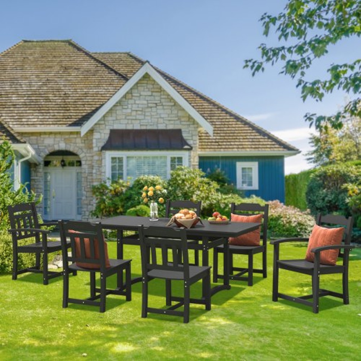 VEVOR 7 Pieces Σετ τραπεζαρίας Patio, Σετ τραπέζι και καρέκλες για έπιπλα εξωτερικού χώρου, ορθογώνιο σετ, τραπεζάκια επίπλων κήπου παντός καιρού, σετ συνομιλίας HIPS Patio, Για γκαζόν, κατάστρωμα, αυλή, δίπλα στην πισίνα, μαύρο