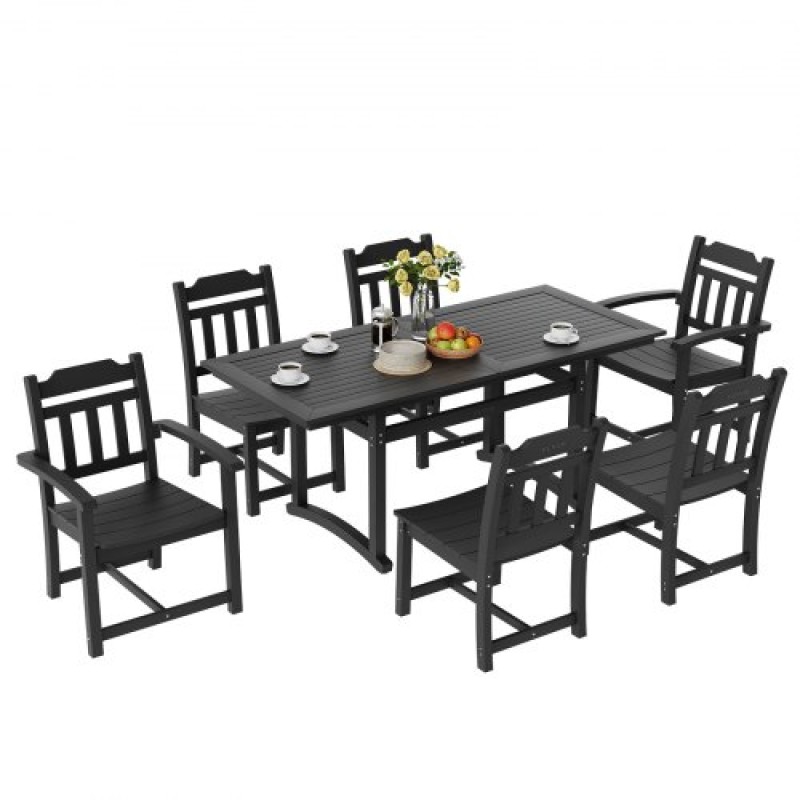 VEVOR 7 Pieces Σετ τραπεζαρίας Patio, Σετ τραπέζι και καρέκλες για έπιπλα εξωτερικού χώρου, ορθογώνιο σετ, τραπεζάκια επίπλων κήπου παντός καιρού, σετ συνομιλίας HIPS Patio, Για γκαζόν, κατάστρωμα, αυλή, δίπλα στην πισίνα, μαύρο