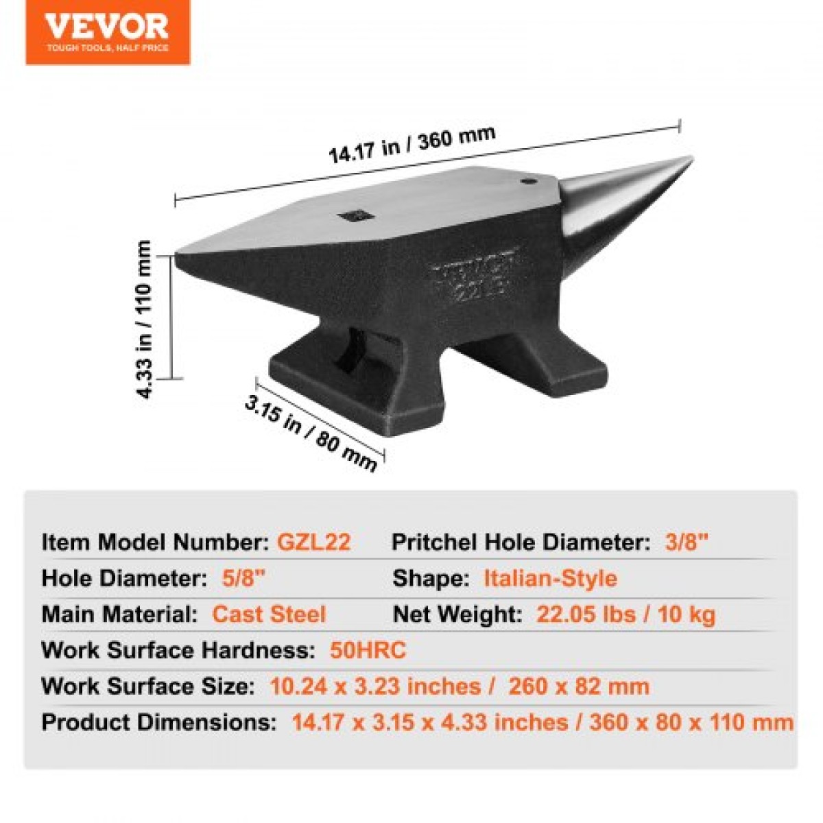 Αμόνι VEVOR Single Horn, 10 kg χυτό ατσάλινο αμόνι, Σιδηρουργός στρογγυλού κέρατου υψηλής σκληρότητας, μεγάλος πάγκος και σταθερή βάση, με στρογγυλή και τετράγωνη τρύπα, εργαλείο Metalsmith για κάμψη και διαμόρφωση