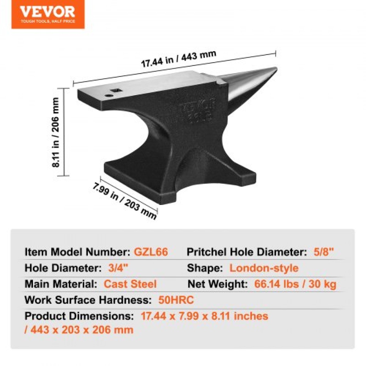 Αμόνι VEVOR Single Horn, 29,9 kg χυτό ατσάλινο αμόνι, Σιδηρουργός στρογγυλού κέρατου υψηλής σκληρότητας, μεγάλος πάγκος και σταθερή βάση, με στρογγυλή και τετράγωνη τρύπα, εργαλείο Metalsmith για κάμψη και διαμόρφωση