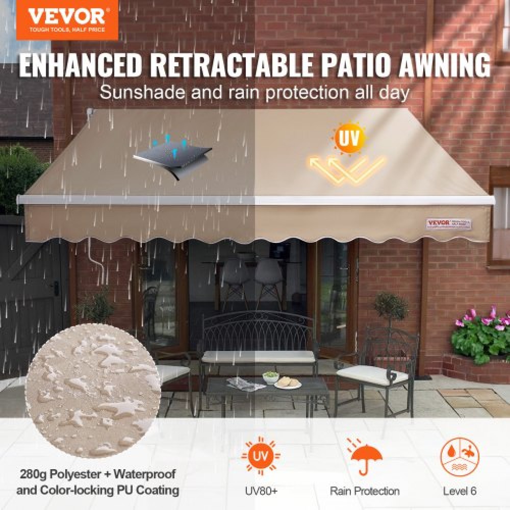 VEVOR Εγχειρίδιο αναδιπλούμενη τέντα, 13 x 8 ft Outdoor Patio Awning Retractable Sun Shade, Αδιάβροχο Polyester Atio Door Poor Poor Potio Shelter με τέντα με μανιβέλα για πίσω αυλή, μπαλκόνι