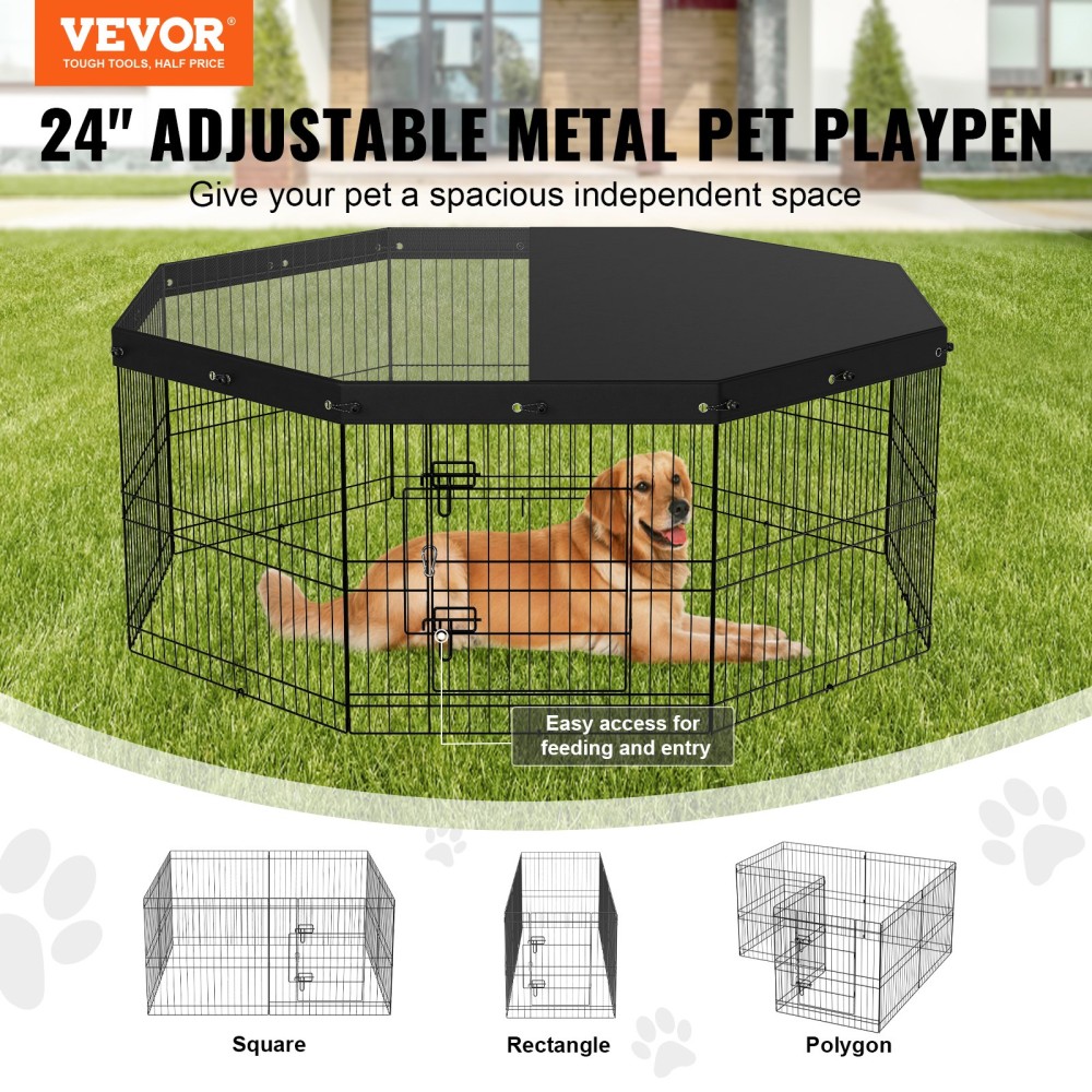 Παρκοκρέβατο VEVOR Dog, 8 πτυσσόμενο μεταλλικό στυλό γυμναστικής σκύλου με επάνω κάλυμμα, 24" H Pet Fence Puppy Crate Kennel with Ground Stakes, Indoor Outdoor Dog Stand for Small Medium κατοικίδια, για Κάμπινγκ, Αυλή