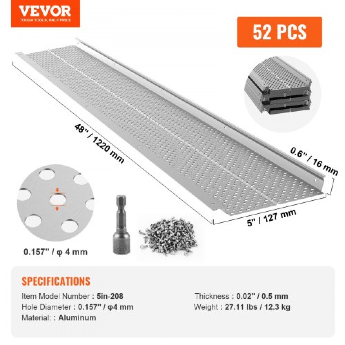 VEVOR Gutter Gutter, πλάτος 127 mm, Φίλτρο αλουμινίου DIY κάλυμμα υδρορροής, 52 ΤΕΜ 63,4 m Συνολικό μήκος, 4 mm διάμετρος οπής & 0,5 mm πάχος Raptor Gutter Gutters Ταιριάζει σε κάθε στέγη ή τύπο υδρορροής