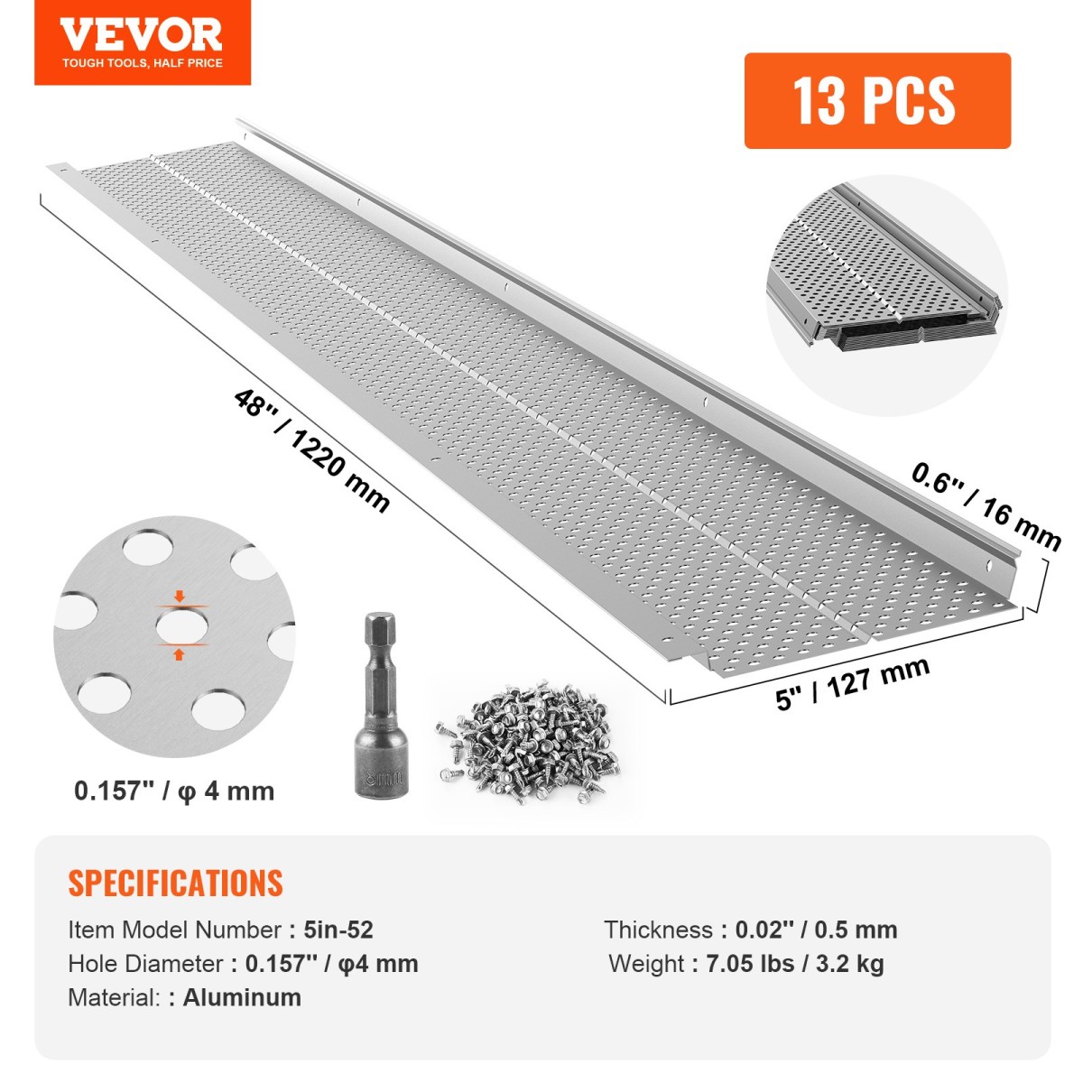 VEVOR Gutter Gutter, πλάτος 5 ιντσών, φίλτρο αλουμινίου DIY κάλυμμα υδρορροής, 13 ΤΕΜ 52 ft Συνολικό μήκος, 0,157'' διάμετρος οπής & 0,02'' Χονδρό προστατευτικό υδρορροής Raptor ταιριάζει σε κάθε στέγη ή τύπο υδρορροής
