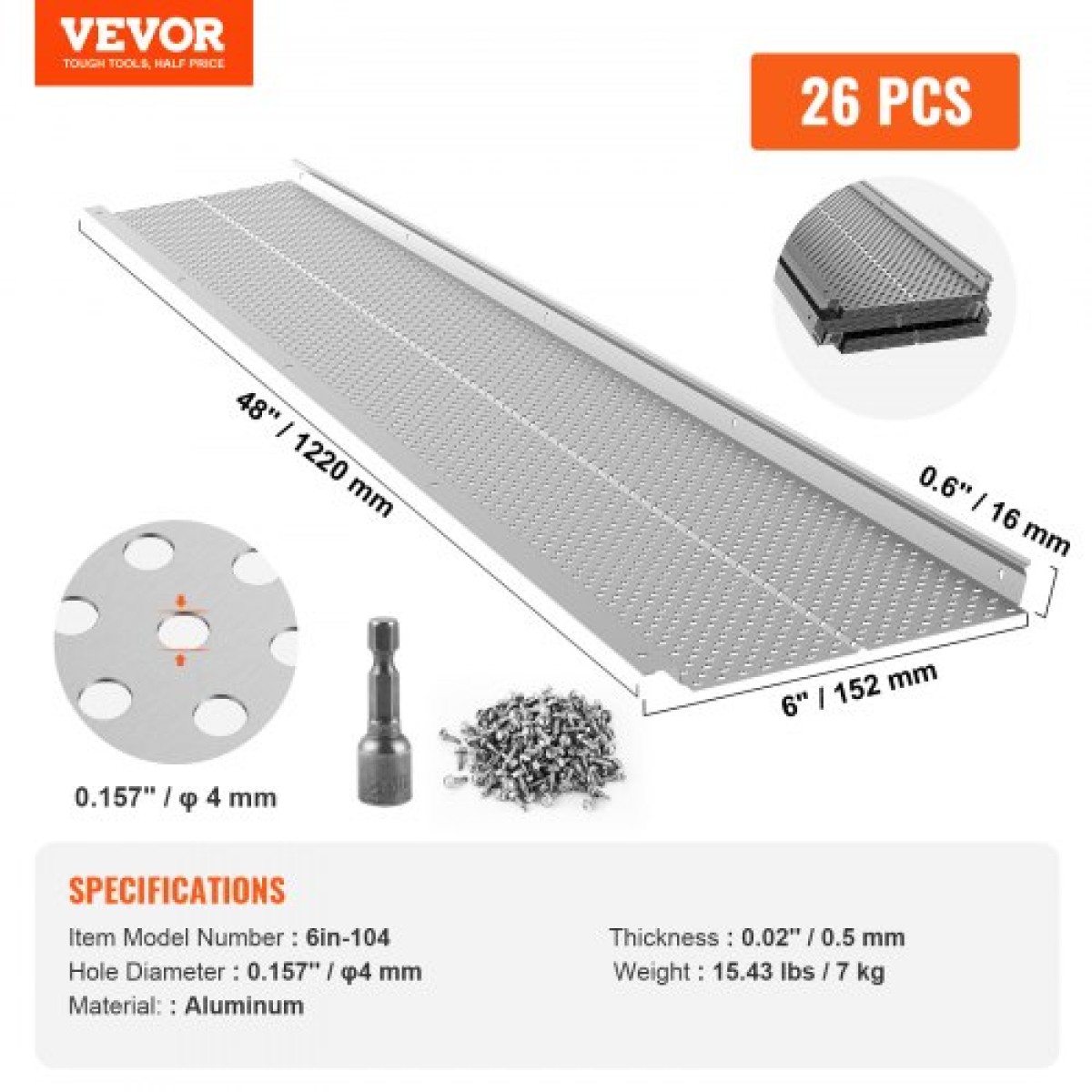 VEVOR Gutter Gutter, πλάτος 152mm, Φίλτρο αλουμινίου DIY κάλυμμα υδρορροής, 26 ΤΕΜ 264 cm Συνολικό μήκος, διάμετρος οπής 4 mm & 0,5 mm πάχος Raptor Gutter Gutters Ταιριάζει σε κάθε στέγη ή τύπο υδρορροής