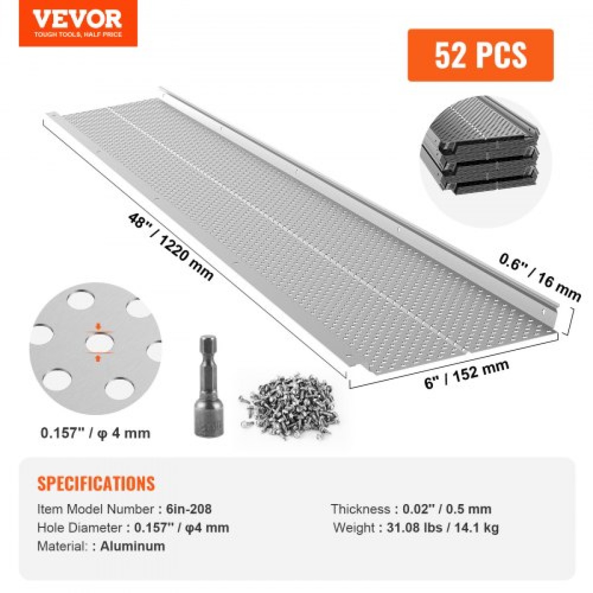 VEVOR Gutter Gutter, πλάτος 152 mm, Φίλτρο αλουμινίου DIY κάλυμμα υδρορροής, 52 ΤΕΜ 528 cm Συνολικό μήκος, διάμετρος οπής 4 mm & 0,5 mm πάχος Raptor Gutter Guards Ταιριάζει σε κάθε στέγη ή τύπο υδρορροής