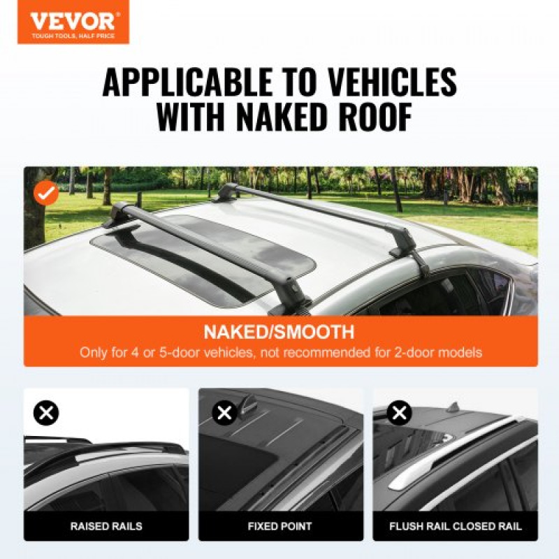 VEVOR Universal Roof Rack Cross Bars, Aluminium Roof Rack Crossbars, Fit Roof without Side Rail, 70,3 kg Χωρητικότητα φόρτωσης, Ρυθμιζόμενες ράβδοι γυμνής οροφής με κλειδαριές, για SUV, Sedan και Van