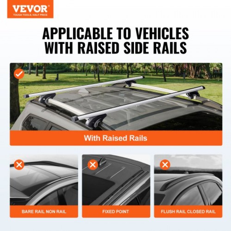 VEVOR Universal Roof Rack Cross Bars, Εγκάρσιες ράβδοι οροφής αλουμινίου 137,2cm, Εφαρμογή υπάρχουσας υπερυψωμένης πλευρικής ράγας με διάκενο, χωρητικότητα 90,7 kg, ρυθμιζόμενες ράβδοι με κλειδαριές, για SUV, Sedan και Van
