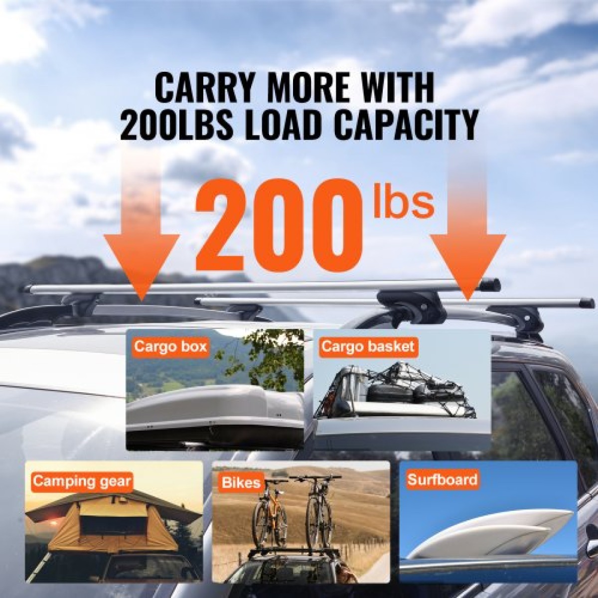 VEVOR Universal Roof Rack Cross Bars, Εγκάρσιες ράβδοι οροφής αλουμινίου 137,2cm, Εφαρμογή υπάρχουσας υπερυψωμένης πλευρικής ράγας με διάκενο, χωρητικότητα 90,7 kg, ρυθμιζόμενες ράβδοι με κλειδαριές, για SUV, Sedan και Van
