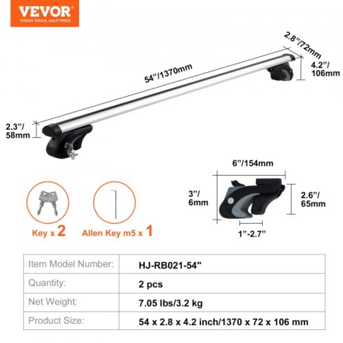 VEVOR Universal Roof Rack Cross Bars, Εγκάρσιες ράβδοι οροφής αλουμινίου 137,2cm, Εφαρμογή υπάρχουσας υπερυψωμένης πλευρικής ράγας με διάκενο, χωρητικότητα 90,7 kg, ρυθμιζόμενες ράβδοι με κλειδαριές, για SUV, Sedan και Van