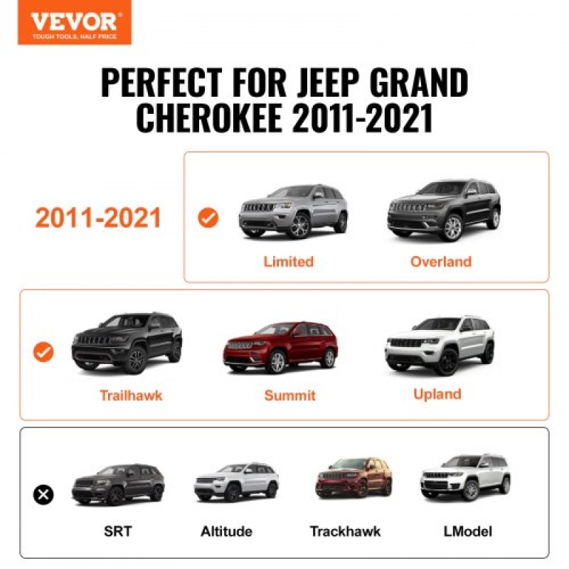 Σταυροί ράβδοι οροφής VEVOR, συμβατοί με Jeep Grand Cherokee 2011-2021 με αυλακωμένες πλαϊνές ράγες, χωρητικότητα 90,72 kg, εγκάρσιες ράβδοι αλουμινίου με κλειδαριές, για ποδήλατο καγιάκ αποσκευών φορτίου στον τελευταίο όροφο
