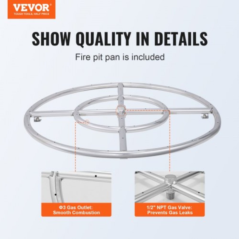VEVOR 24 inch Round Drop-in Fire Pit Pan, Stainless Steel Fire Pit Burner, Natural & Propane Gas Fire Pan 92,000 BTU, for Indoor or Outdoor Use
