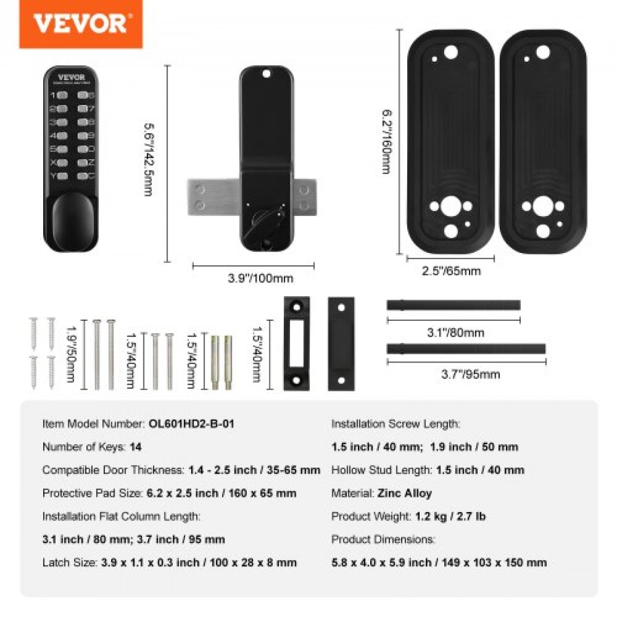 VEVOR Μηχανική κλειδαριά εισόδου χωρίς κλειδί, πληκτρολόγιο 14 ψηφίων, σετ κλειδαριές πόρτας εξωτερικού χώρου με επιφανειακό μάνταλο, αδιάβροχο κράμα ψευδαργύρου, πληκτρολόγιο και πόμολο, Εύκολη εγκατάσταση, για κήπο, αυλή, γκαράζ