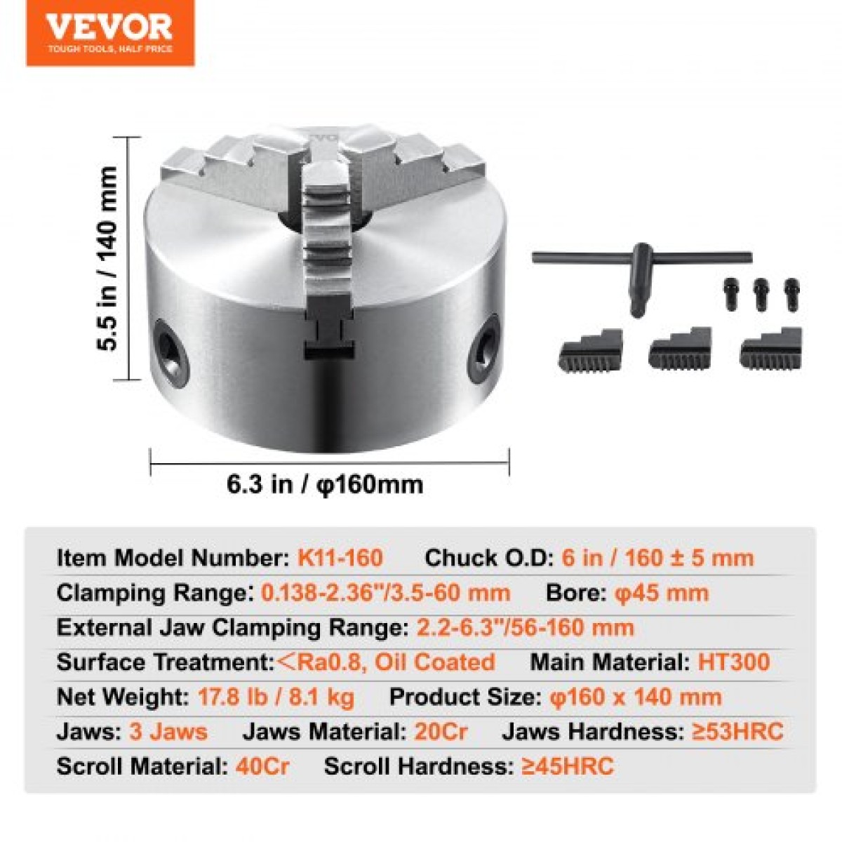 Τσοκ τόρνου VEVOR 3 σιαγόνων, 6'', αυτοκεντρικό τσοκ τόρνου, 0,14- 6,3 ίντσες/3,5-160 mm Εύρος σύσφιξης με βίδες στερέωσης κλειδιού T, αναστρέψιμες σιαγόνες, για μηχάνημα διάτρησης φρεζαρίσματος κέντρου κατεργασίας τόρνου 3D εκτυπωτή