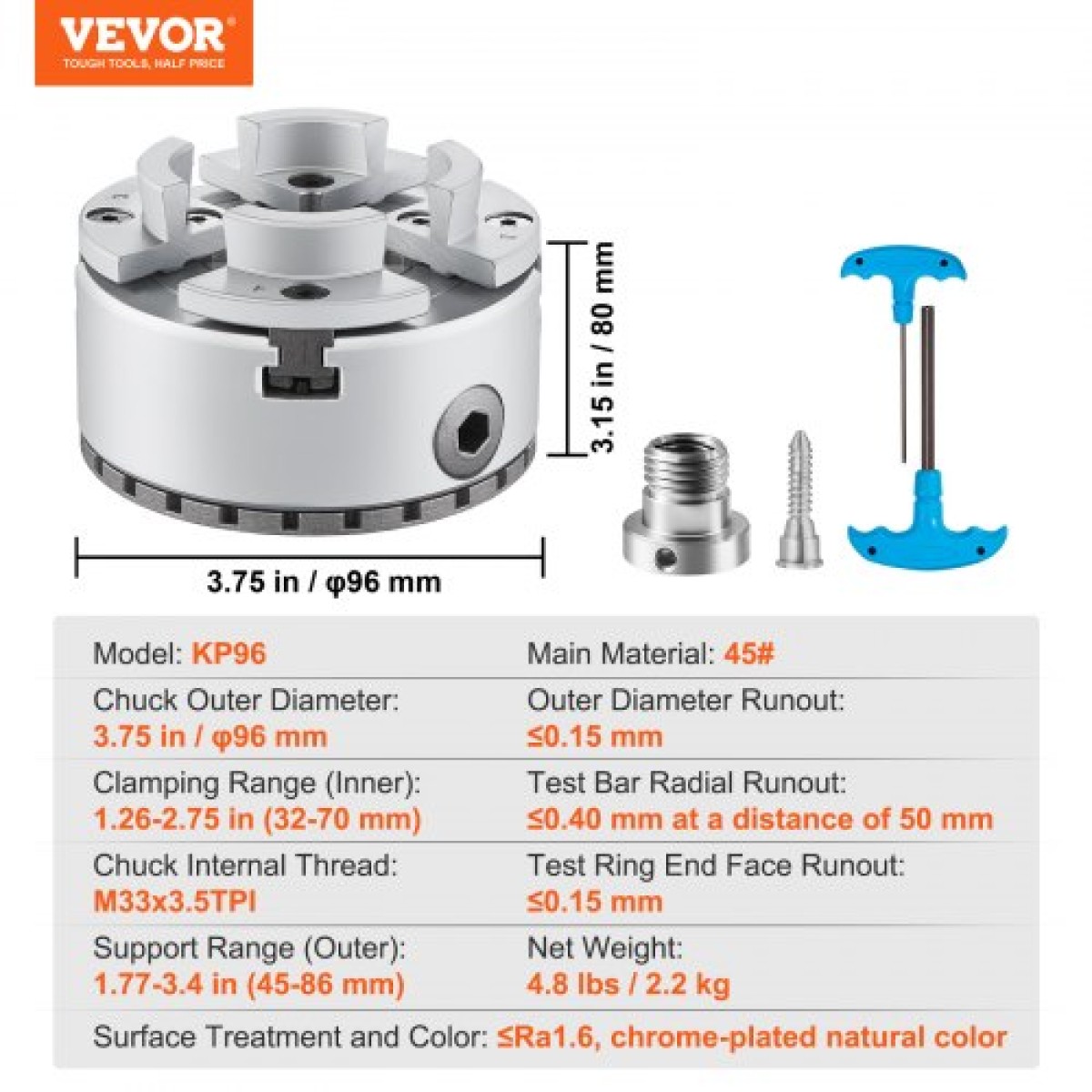 VEVOR KP96 Τσοκ τόρνου, 4-σιαγόνι 9,5 cm διάμετρος, Αξεσουάρ μεταλλικού τόρνου τσοκ τόρνου, Εργαλείο αυτοκεντρισμού, για τόρνους, μηχανική κατεργασία ακριβείας, μηχανές λείανσης, φρέζες