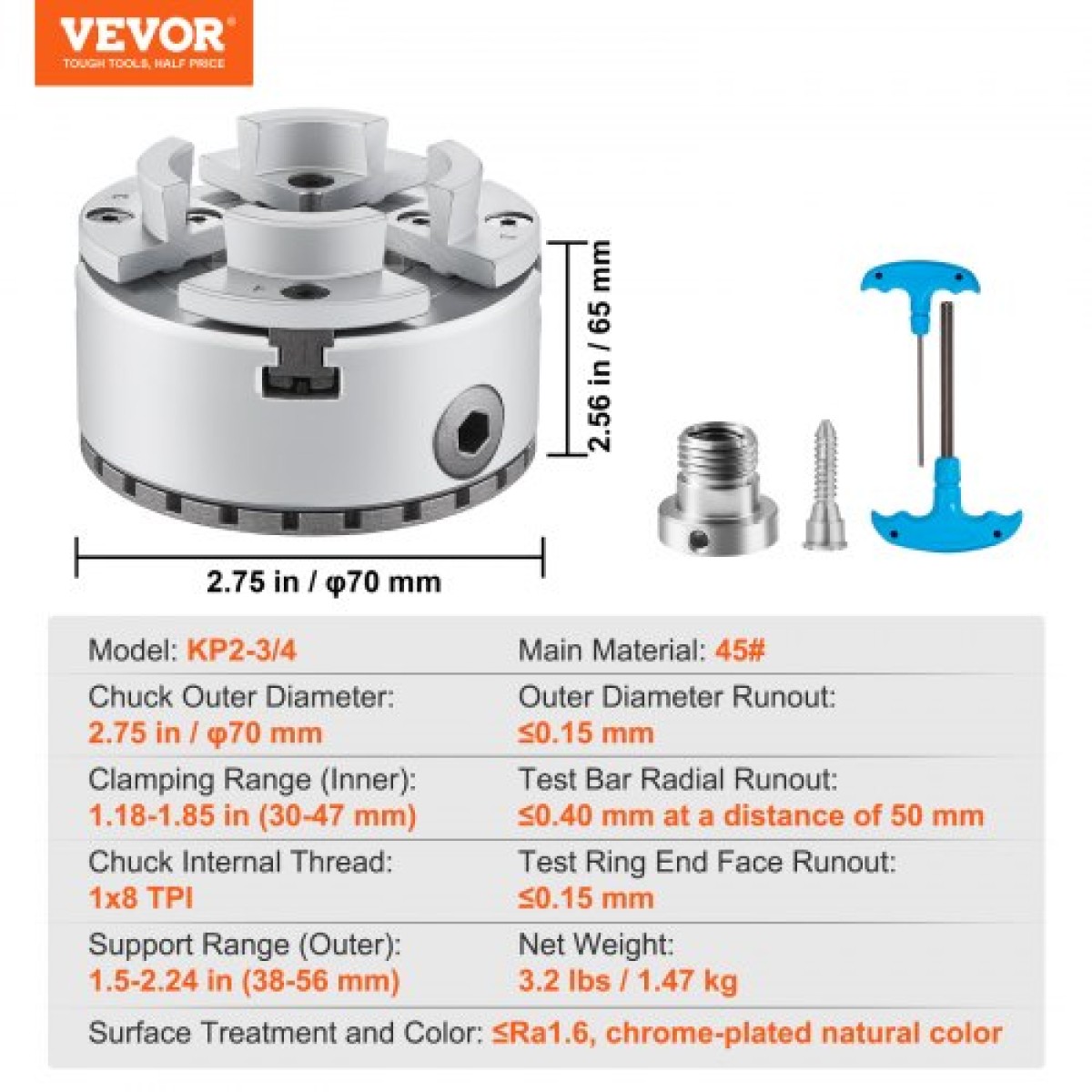 VEVOR KP2-3/4 Τσοκ τόρνου, 4-Jaw 2,75" Διάμετρος, Μεταλλικό τσοκ τόρνου Αξεσουάρ τόρνου, Εργαλείο αυτοκεντρισμού, για τόρνους, μηχανική κατεργασία ακριβείας, μηχανές λείανσης, φρέζες