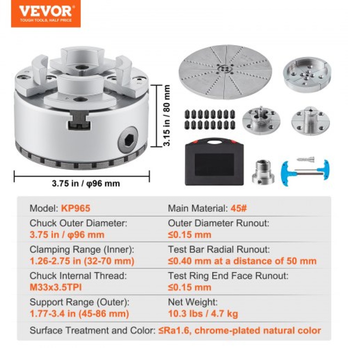 VEVOR KP965 Τσοκ τόρνου, 4-σιαγώνων διαμέτρου 9,5 cm, Αξεσουάρ τόρνου τσοκ μεταλλικού τόρνου με 5 σετ σιαγόνων, αυτοκεντρικό εργαλείο, για μηχανική κατεργασία ακριβείας, μηχανές λείανσης, φρέζες