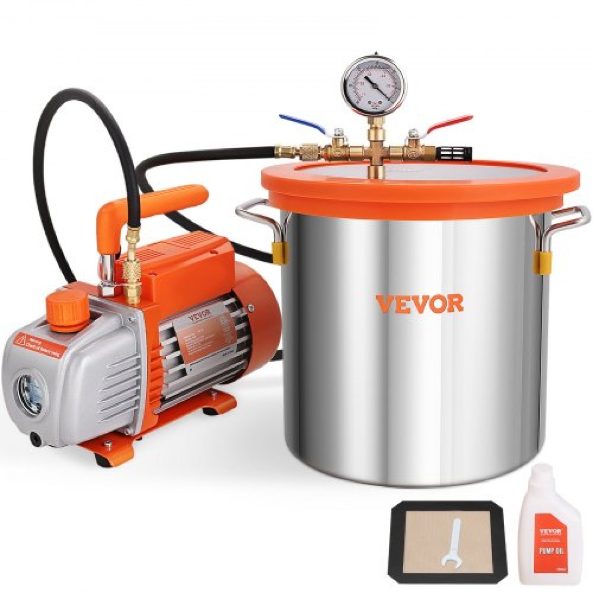 VEVOR 11,4 L Vacuum Chamber and 3,5 CFM Pump Kit, Tempered Glass Lid Vacuum Chamber Dessing Kit, Μονοβάθμια αντλία κενού με φιάλη λαδιού 250 ml, για σταθεροποίηση ξύλου, απαέρωση σιλικονών, εποξειδικά