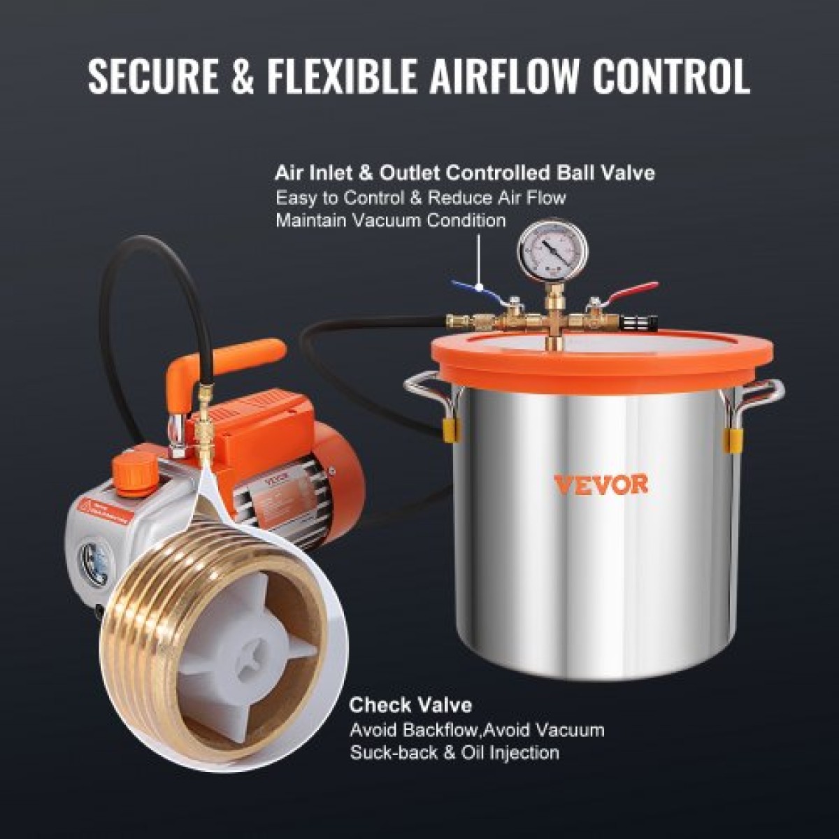 VEVOR 11,4 L Vacuum Chamber and 3,5 CFM Pump Kit, Tempered Glass Lid Vacuum Chamber Dessing Kit, Μονοβάθμια αντλία κενού με φιάλη λαδιού 250 ml, για σταθεροποίηση ξύλου, απαέρωση σιλικονών, εποξειδικά