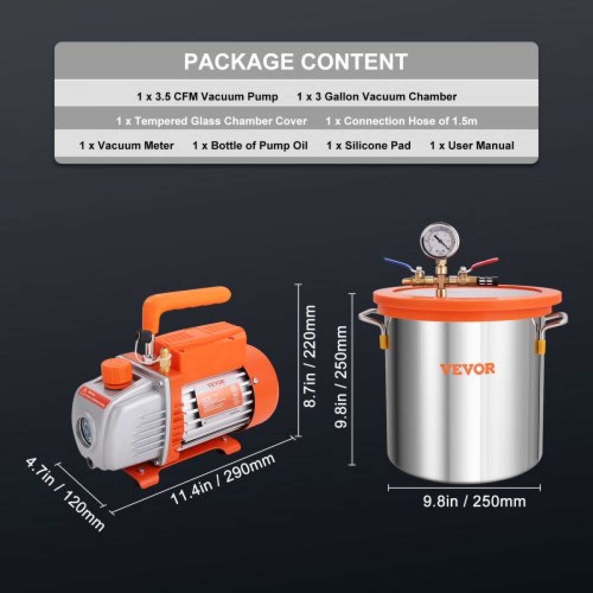 VEVOR 11,4 L Vacuum Chamber and 3,5 CFM Pump Kit, Tempered Glass Lid Vacuum Chamber Dessing Kit, Μονοβάθμια αντλία κενού με φιάλη λαδιού 250 ml, για σταθεροποίηση ξύλου, απαέρωση σιλικονών, εποξειδικά